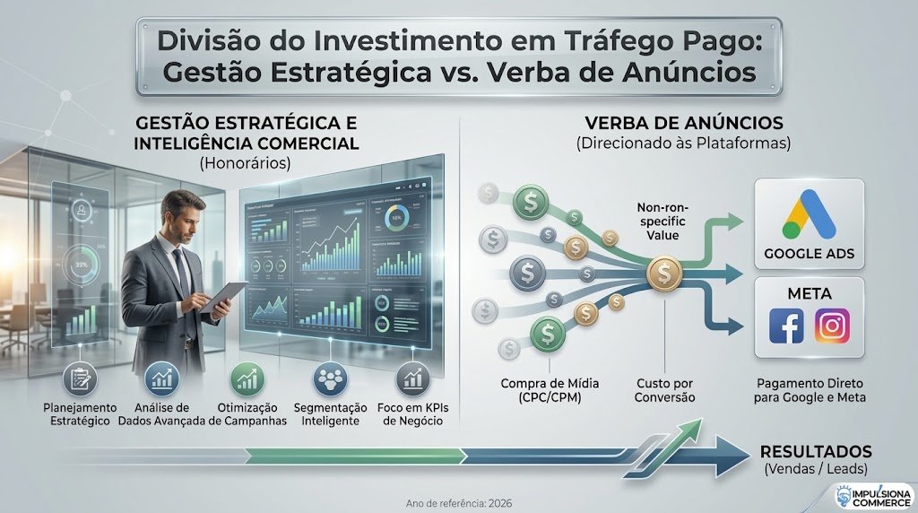 Infográfico mostrando a divisão de custos entre gestão de tráfego pago e verba de anúncios no Google e Meta Ads