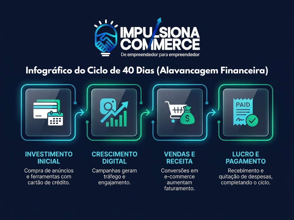 Infográfico da estratégia de fluxo de caixa e ciclo financeiro de 40 dias no Meta Ads