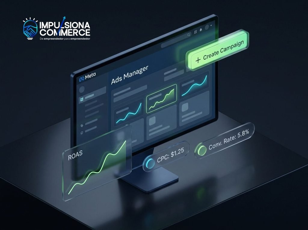 Interface do Meta Ads Manager destacando criação de campanhas e métricas de anúncios
