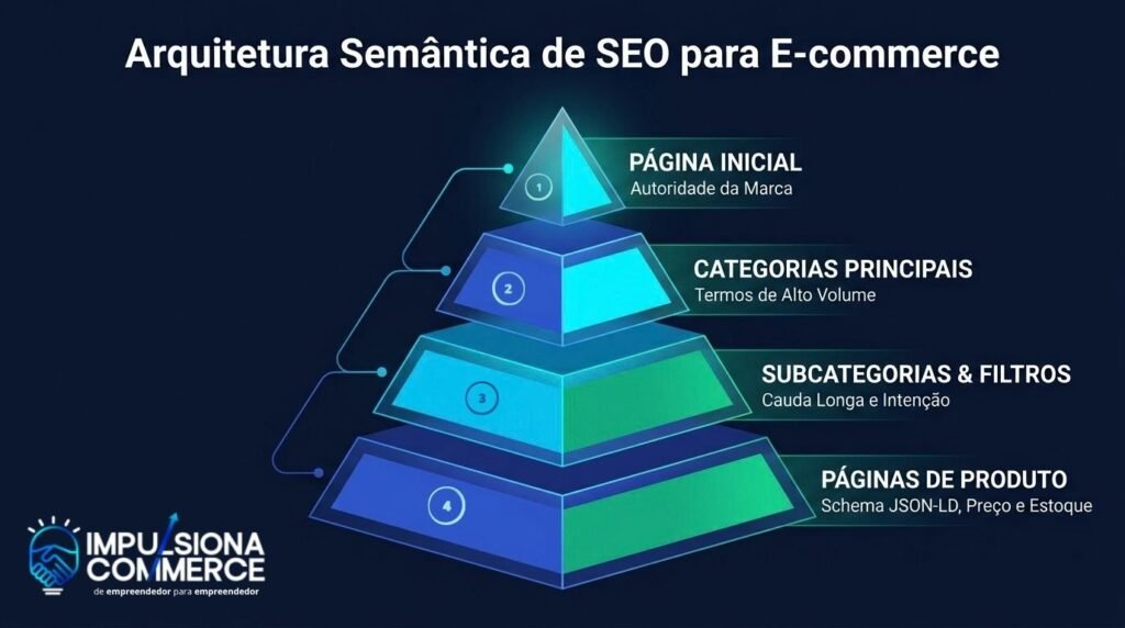 Infográfico demonstrando a arquitetura semântica e hierarquia de páginas de SEO para e-commerce