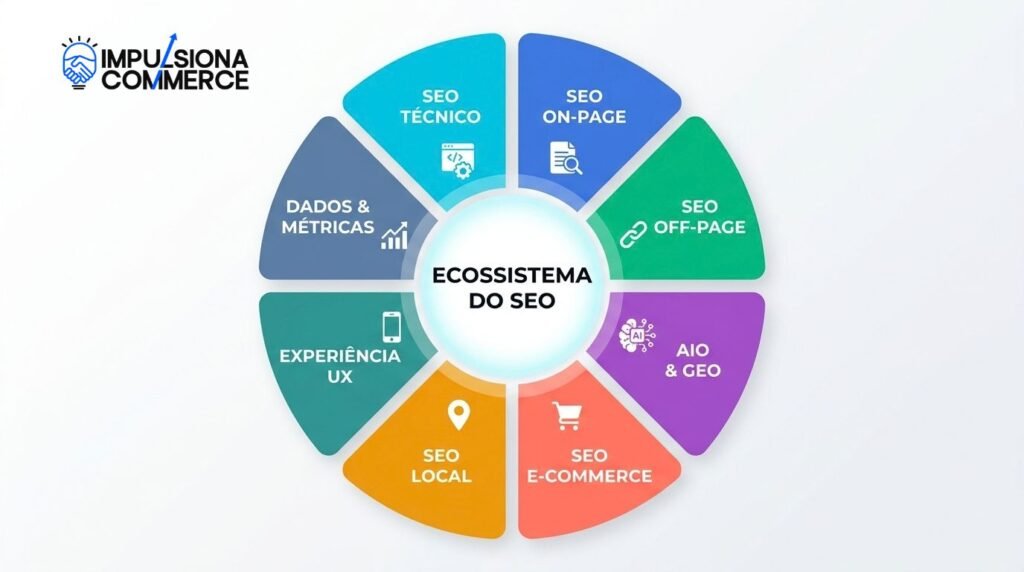 Infográfico circular do ecossistema completo de SEO mostrando pilares técnicos, on-page, e-commerce, UX e inteligência artificial