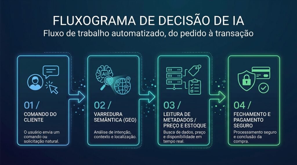 Fluxograma ilustrando como um agente autônomo de inteligência artificial decide a compra de uma empresa no modelo B2A.