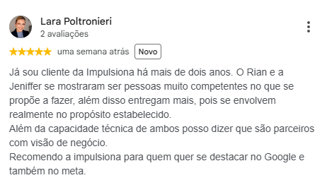 Avaliação e depoimento da Dra. Lara Poltronieri sobre a Impulsiona Commerce